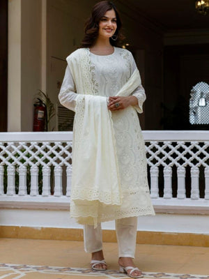 Rajwada White Cotton Blend Embroidered Kurta Set For Women