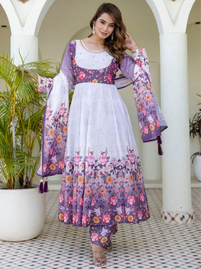 Rajwada Lavender And White Cotton Blend Printed Kurta Set For Women