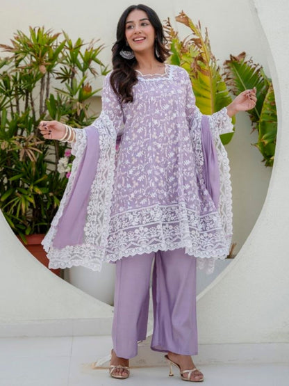 Rajwada Lavender Cotton Blend Embroidered Kurta Set For Women