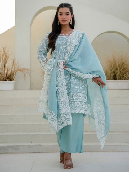 Rajwada Light Blue Cotton Blend Embroidered Kurta Set For Women