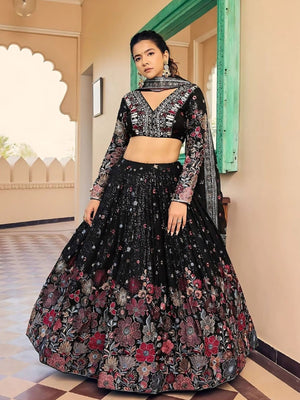 Rajwada Black Georgette Embroidered Semi-Stitched Lehenga For Women
