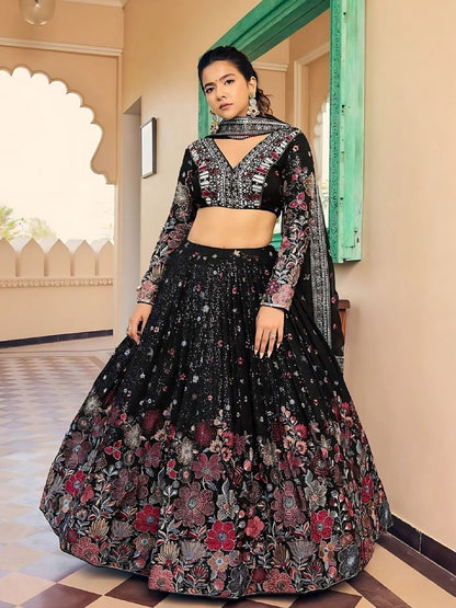Rajwada Black Georgette Embroidered Semi-Stitched Lehenga For Women