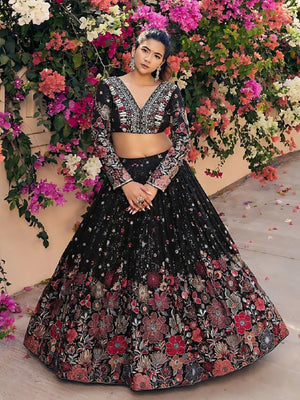 Rajwada Black Georgette Embroidered Semi-Stitched Lehenga For Women