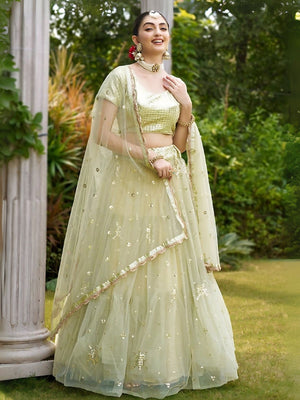 Rajwada Pista Green Net Embellished Semi-Stitched Lehenga For Women