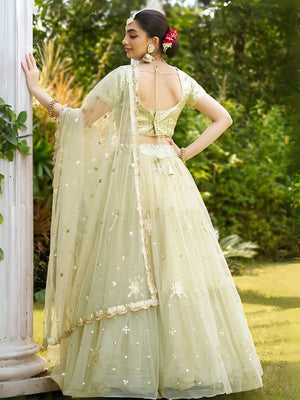 Rajwada Pista Green Net Embellished Semi-Stitched Lehenga For Women