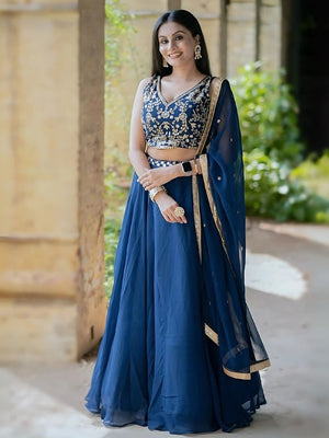 Rajwada Blue Georgette Embroidered Semi-Stitched lehenga For Women