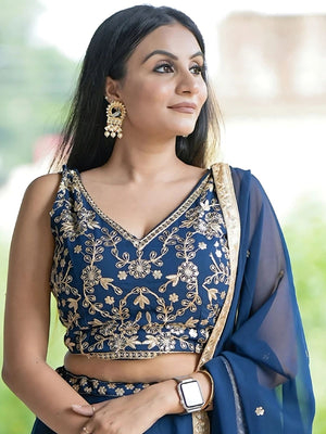 Rajwada Blue Georgette Embroidered Semi-Stitched lehenga For Women