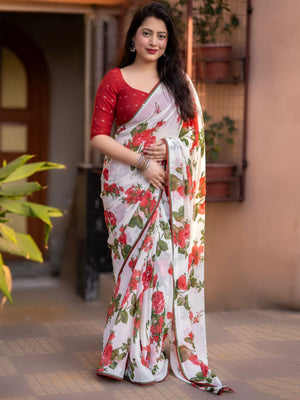 Rajwada White And Red Printed Soft Georgette Saree With Unstitched Blouse For Women