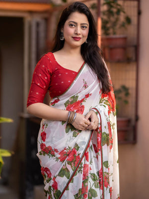 Rajwada White And Red Printed Soft Georgette Saree With Unstitched Blouse For Women