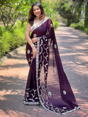 Rajwada Wine Embroidered Silk Blend Saree With Unstitched Blouse For Women