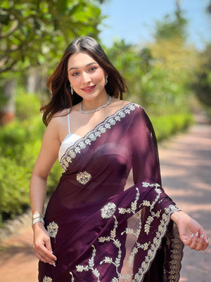 Rajwada Wine Embroidered Silk Blend Saree With Unstitched Blouse For Women