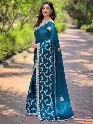 Rajwada Teal Embroidered Silk Blend Saree With Unstitched Blouse For Women