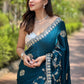 Rajwada Teal Embroidered Silk Blend Saree With Unstitched Blouse For Women