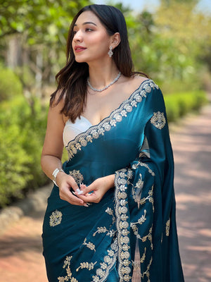 Rajwada Teal Embroidered Silk Blend Saree With Unstitched Blouse For Women