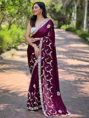 Rajwada Wine Embroidered Silk Blend Saree With Unstitched Blouse For Women