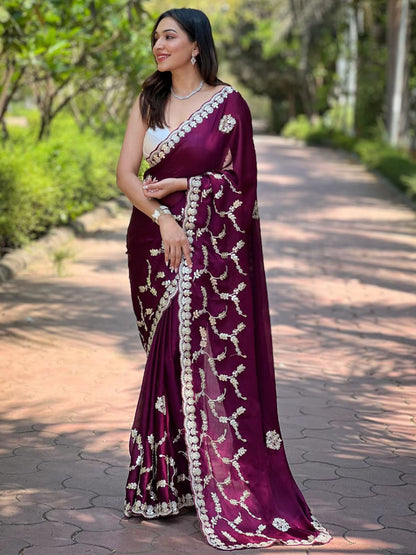 Rajwada Wine Embroidered Silk Blend Saree With Unstitched Blouse For Women