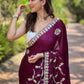 Rajwada Wine Embroidered Silk Blend Saree With Unstitched Blouse For Women