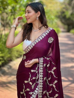 Rajwada Wine Embroidered Silk Blend Saree With Unstitched Blouse For Women