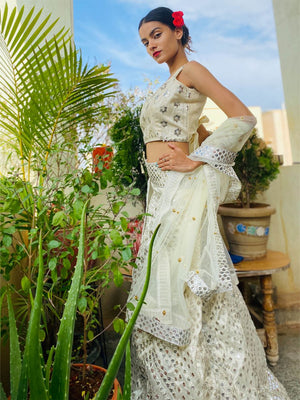 Rajwada Women Off White Silk Blend Stitched Lehenga Choli