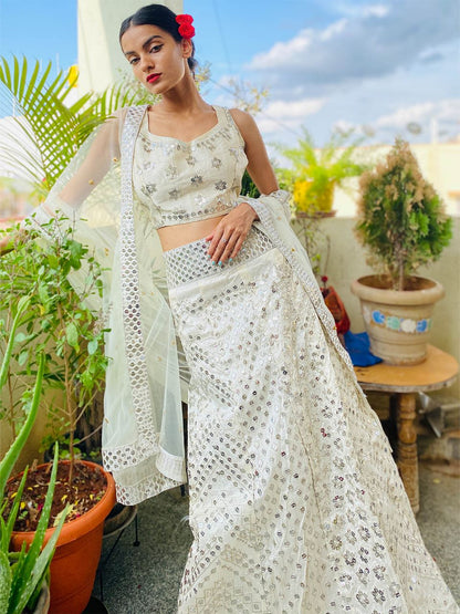 Rajwada Women Off White Silk Blend Stitched Lehenga Choli