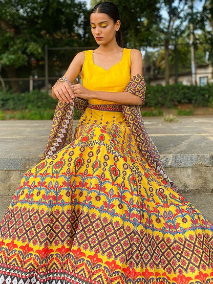 Rajwada Women Yellow Printed Polyester Stitched Lehenga Choli