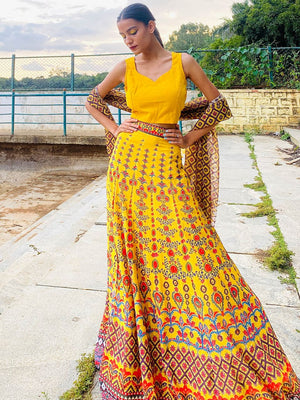 Rajwada Women Yellow Printed Polyester Stitched Lehenga Choli