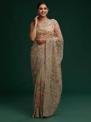 Rajwada Beige Embroidered Organza Saree With Unstitched Blouse For Women
