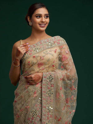 Rajwada Beige Embroidered Organza Saree With Unstitched Blouse For Women