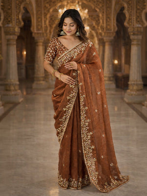 Rajwada Brown Chiffon Embellished Solid Saree For Women