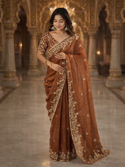 Rajwada Brown Chiffon Embellished Solid Saree For Women