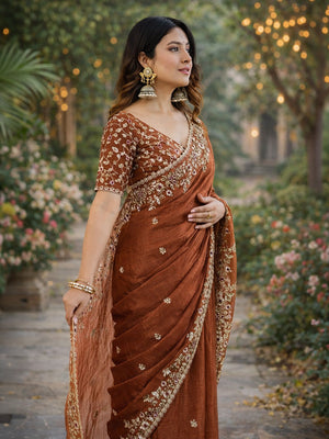 Rajwada Brown Chiffon Embellished Solid Saree For Women