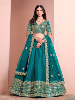 Rajwada Teal Green Silk Blend Embellished Lehenga For Women