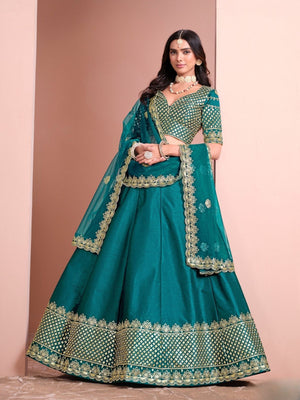 Rajwada Teal Green Silk Blend Embellished Lehenga For Women