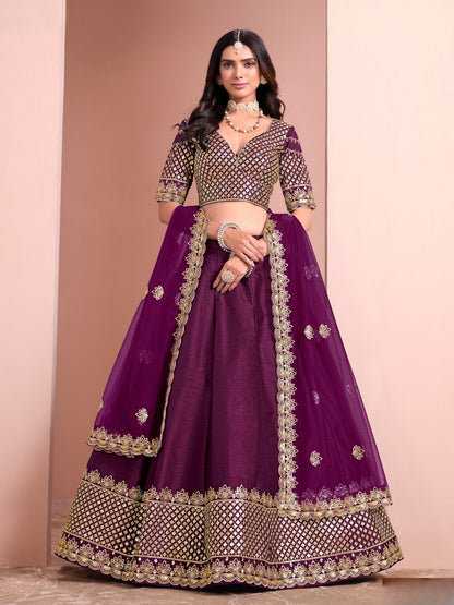 Rajwada Wine Silk Blend Embellished Lehenga For Women