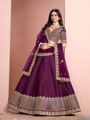 Rajwada Wine Silk Blend Embellished Lehenga For Women