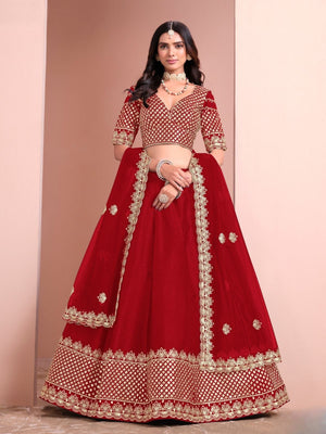 Rajwada Red Silk Blend Embellished Lehenga For Women
