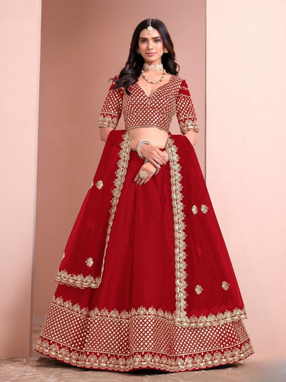 Rajwada Red Silk Blend Embellished Lehenga For Women