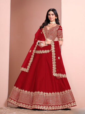 Rajwada Red Silk Blend Embellished Lehenga For Women
