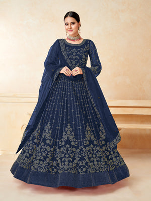 Rajwada Teal Net Embroidered Semi stitched Kurta Set For Women