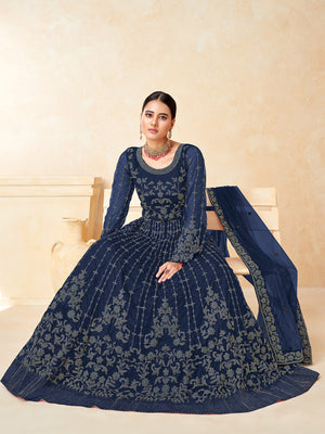 Rajwada Teal Net Embroidered Semi stitched Kurta Set For Women