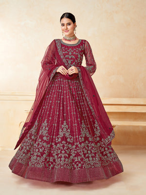 Rajwada Red Net Embroidered Semi stitched Kurta Set For Women