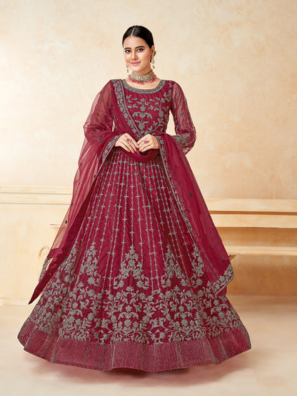 Rajwada Red Net Embroidered Semi stitched Kurta Set For Women