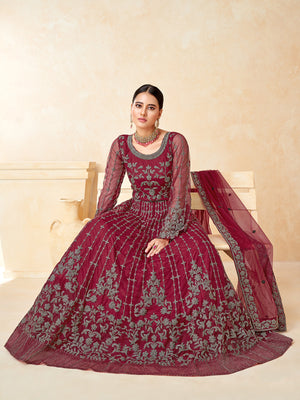 Rajwada Red Net Embroidered Semi stitched Kurta Set For Women