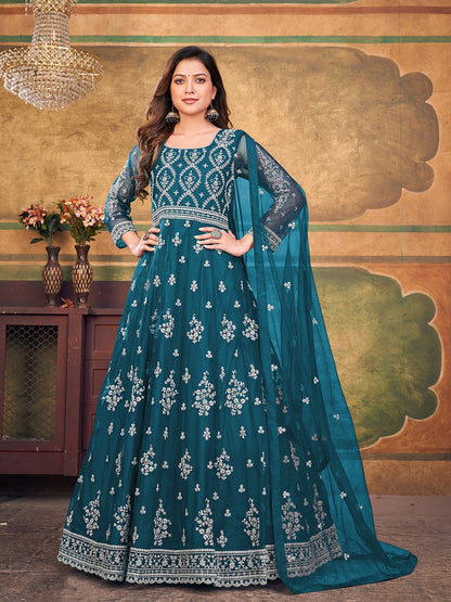 Rajwada Teal Net Embroidered Semi stitched Kurta Set with Inner For Women