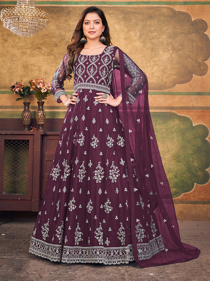 Rajwada Purple Net Embroidered Semi stitched Kurta Set with Inner For Women