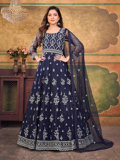 Rajwada Navy Blue Net Embroidered Semi stitched Kurta Set with Inner For Women