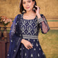 Rajwada Navy Blue Net Embroidered Semi stitched Kurta Set with Inner For Women