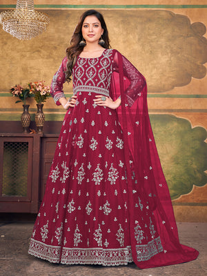 Rajwada Red Net Embroidered Semi stitched Kurta Set with Inner For Women