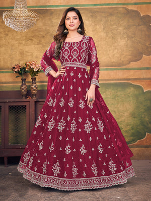 Rajwada Red Net Embroidered Semi stitched Kurta Set with Inner For Women