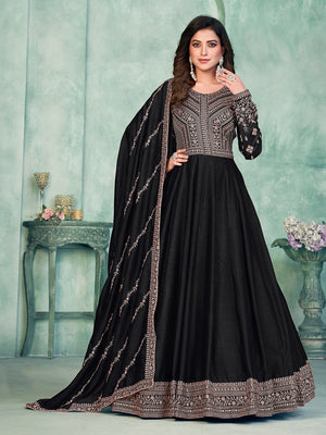 Rajwada Black Art Silk Embroidered Semi stitched Kurta Set with Inner For Women